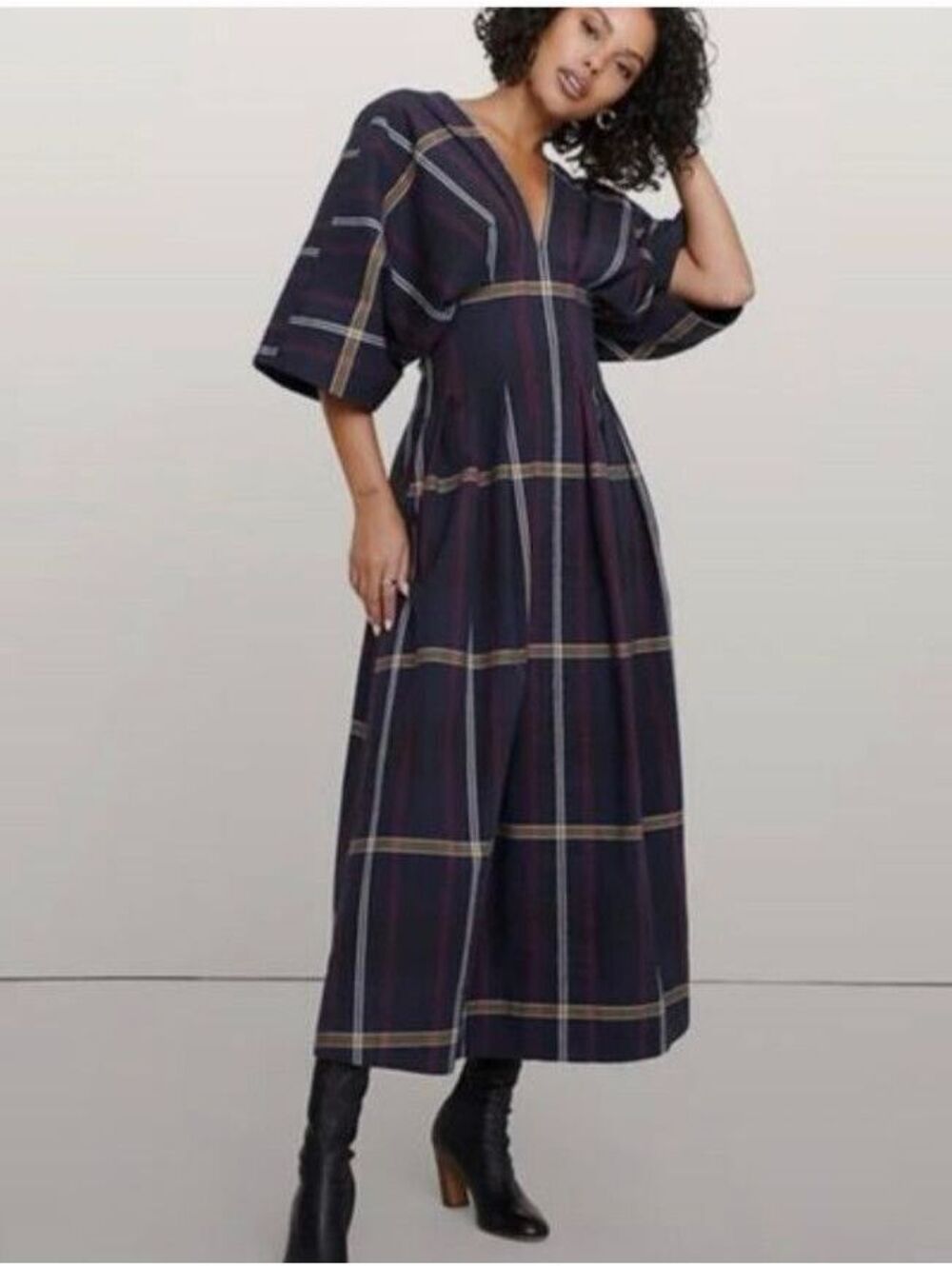Banana Republic Plaid Pleated Cotton Maxi Dress Large Navy Blue Plaid
